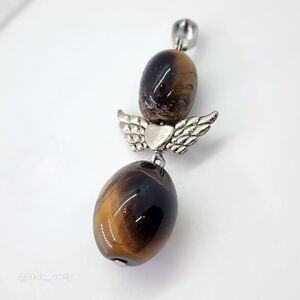 Yellow Tiger Eye Gem Drum Tibetan Silver Toned Wing Pendant 2.17"